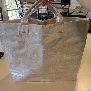 Textured Cream Croc-Embossed Tote Bag - 'TOTE BAG' Embossed